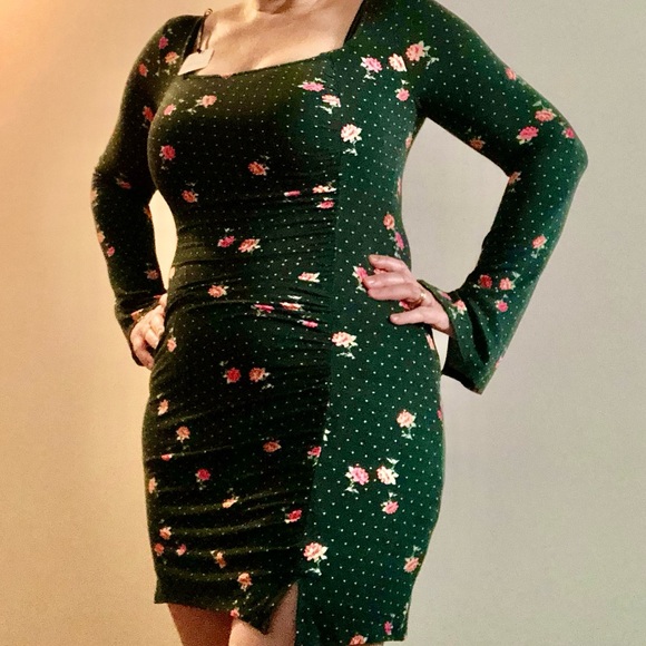 NWT Free People Celia Green Polka Dot & Floral Print Long Sleeve Mini Dress XS - Picture 2 of 14